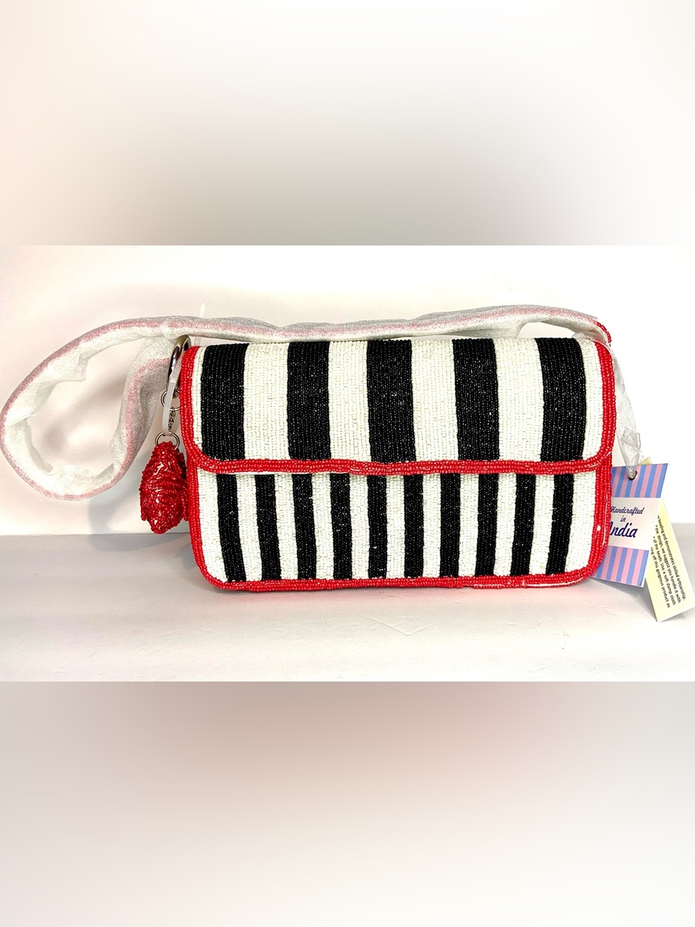 Striped Crossbody Bag with Red Trim beaded bag with 5 random free items